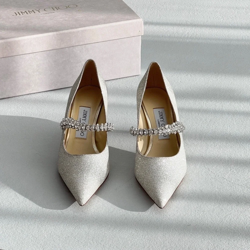 Jimmy Choo Silver Glitter Crystal-Strap Pointed Pumps